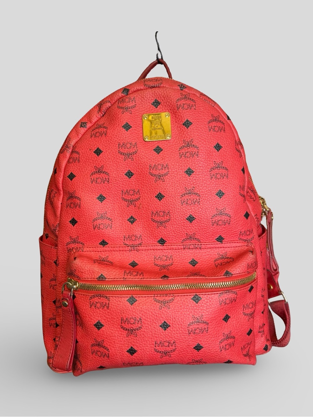 MCM Red Logo Visetos Backpack with Gold Hardware